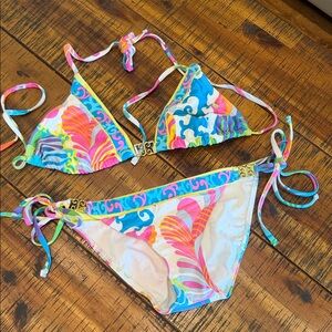 Colorful Tropical Print Triangle Bikini Set